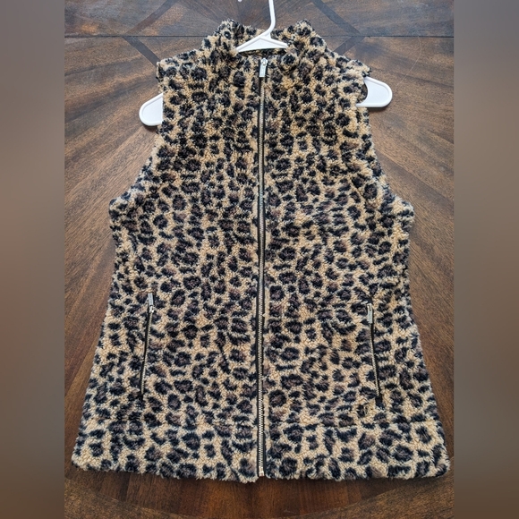 Calvin Klein Leopard Print Sherpa Faux Shearling Zip Vest Women’s Small - Picture 1 of 11